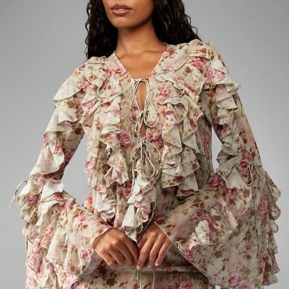 Multicolor Boho Women's Floral Ruffled Chiffon Long Sleeve Tie Front blouse - Picture 5 of 6